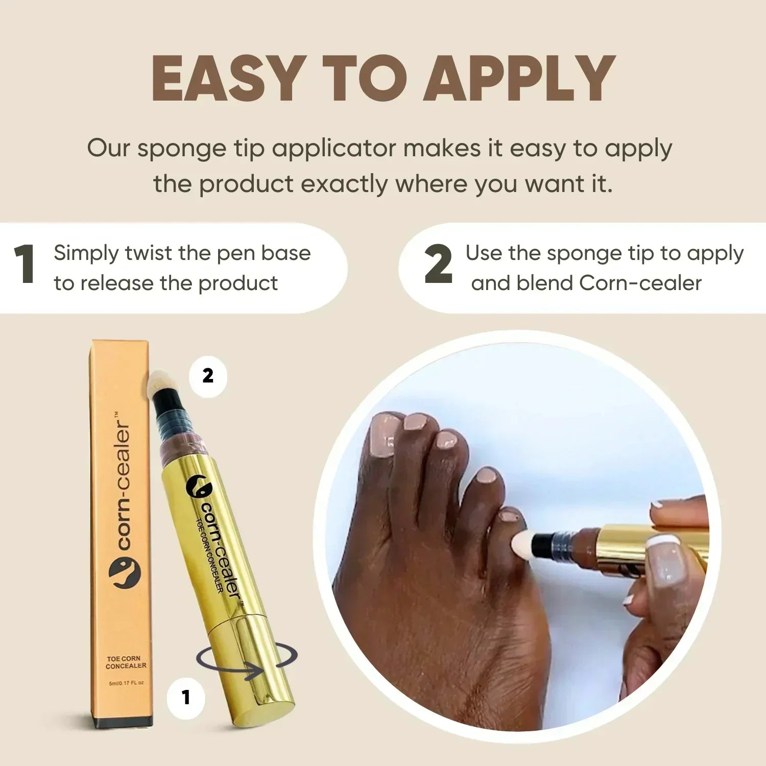 Toe Corn Concealer shade guide featuring Mocha, Nutmeg, and Chestnut, applied to cover toe corns. Achieve flawless, water-resistant coverage for open-toed shoes.