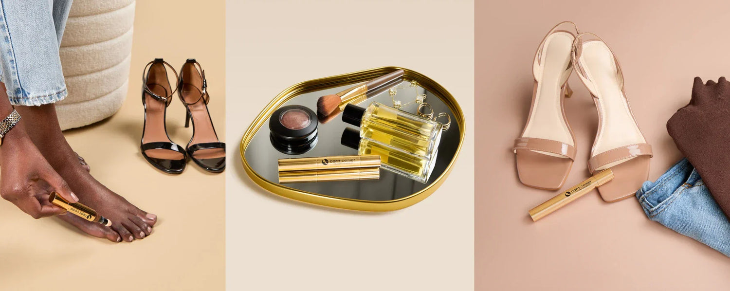 Corn-Cealer toe makeup applied to bare feet with open-toe heels, styled with luxury beauty essentials and neutral sandals for polished feet.