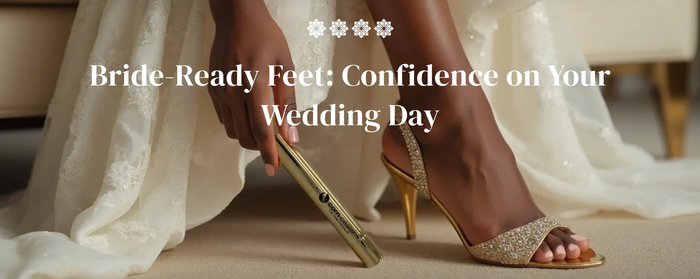 Dark-skinned bride in gold heels applies Corn-Cealer for flawless wedding-day feet.