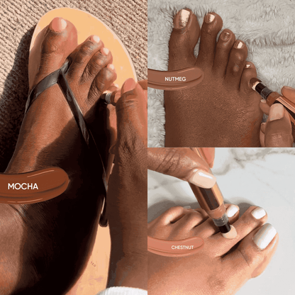 Toe Corn Concealer shade guide featuring Mocha, Nutmeg, and Chestnut, applied to cover toe corns. Achieve flawless, water-resistant coverage for open-toed shoes.