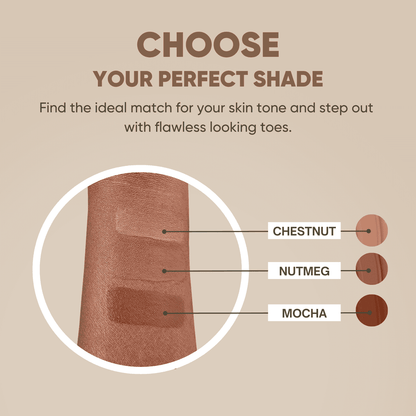 Toe Corn Concealer shade guide featuring Chestnut, Nutmeg, and Mocha tones on a forearm. Find the perfect match for flawless toe coverage.